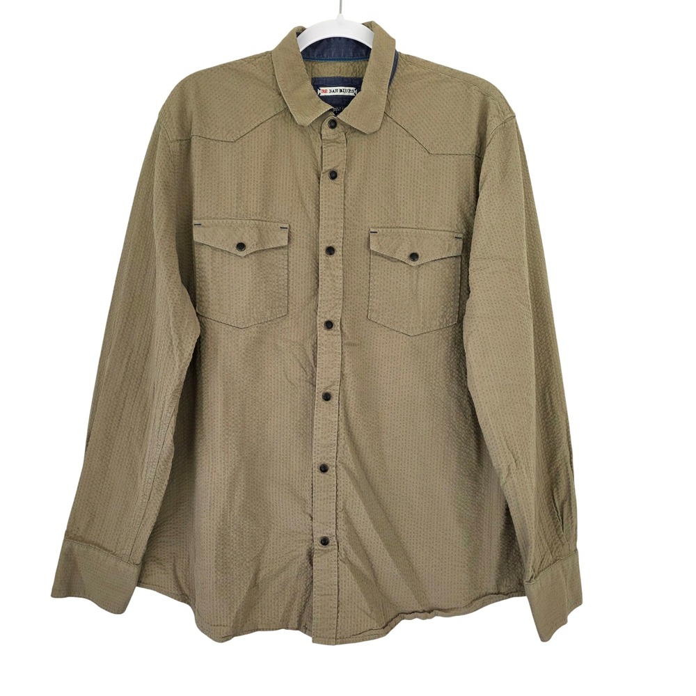 32 Bar Blues Mens Khaki Textured Cotton Western Button Down Sz LWestern